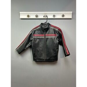 Whispering Smith Jacket Kids 5 Black Red Racing Stripe‎ Faux Leather Cafe Racer